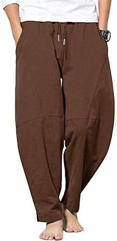 AUDATE Herren Casual Hosen Leinen Freizeithose Einfarbig Loose Fit Sommerhose Strandhosen Kaffee M