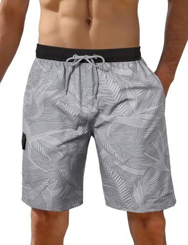iCKER Herren Shorts Badehose Badeshorts Strand Shorts Beach Shorts Board Shorts Schnelltrocknend für Sommer,Grau-S036,L