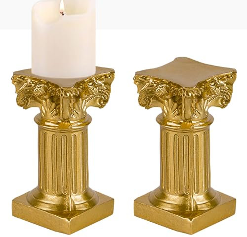 CAIRIAC Roman Pillar Statues Gold Candle Holders, Small Candle Holders Set of 2, Mini Greek Column Pillar Resin Stands Decorative Gifts, Centerpieces for Tables (Golden)
