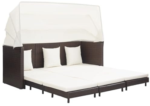 ZEYUAN Ausziehbares 3-Sitzer-Schlafsofa mit Dach, Gartenmöbel, Balkon Möbel, Balkon Lounge, Gartenlounge, Gartensofa, Loungemöbel, Sitzecke Balkon, Poly Rattan Braun