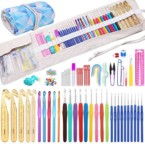 Ramlur 116 Pcs Crochet Hooks Set, Crochet Kits for Beginners Adults, Ergonomic Crochet Hooks Set with Stitch Marker, Crochet Needle Accessories, Crochet Hook Case