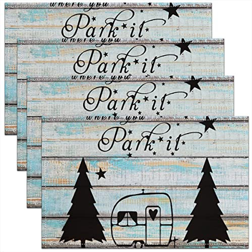 jejeloiu Happy Camping Platzsets, 4er-Set, Wohnmobil-Baum-Tischsets, 45,7 x 30,5 cm, Wohnmobil, Camping, rustikal, Holz, waschbar und langlebig, Tischsets, für drinnen und draußen