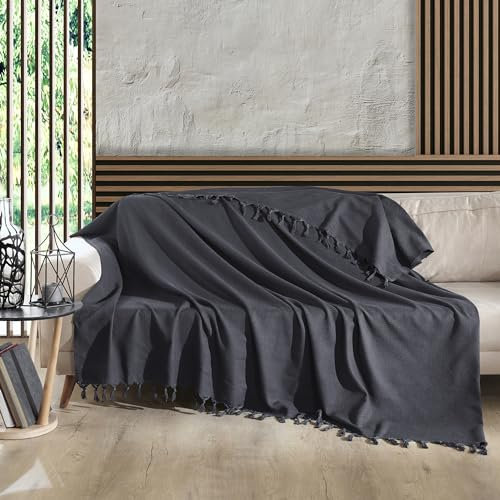 Milam London 100% Cotton Large Throw For Sofas | Beds | Settees | Bed Throw Double Size | Sofa Throws Large 2 Seater | Cotton Blanket | 200 x 230 cm Charcoal Grey