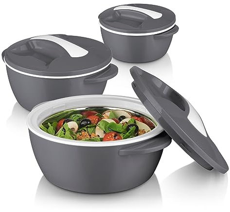 MAXXMEE Thermo-Schüssel geeignet für Mikrowelle 3er Set | Doppelwandige Thermoschüsseln mit Edelstahleinsatz, hält Speisen bis zu 5 Stunden warm oder kalt [450ml, 850ml, 1.400ml]