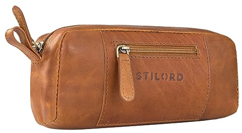 STILORD Ted Kleines Etui Leder Vintage Federmäppchen Schlamperrolle Federmappe Schlampermäppchen Stifterolle Federtasche Federpenal Lederetui für Stifte Echtleder Farbe:Cognac - braun