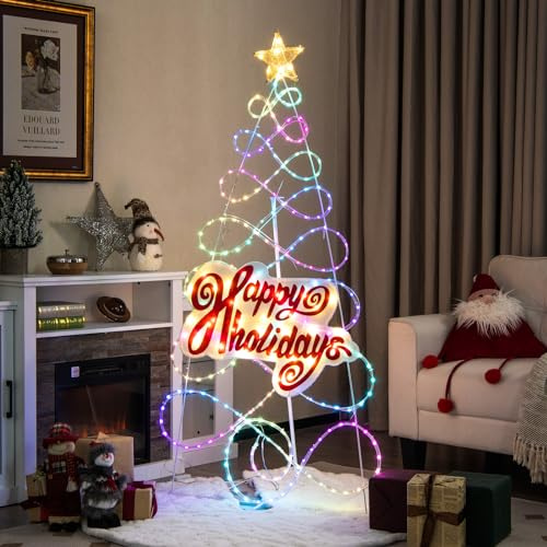 GYMAX Décoration Arbre de Noël Lumineux 170cm, 6 Modes d'Éclairage avec 216 Lumières LED Colorées, Décoration Éclairé pour Intérieur Extérieur Cour Jardin Fête