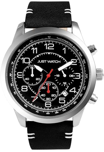 Just Watch Atticus Herren-Chronograph Leder 5 Bar Datum Stoppuhr Analog JW20173 (schwarz)