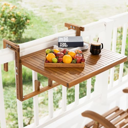 Idzo FSC Acacia Wood Folding Balcony Bar Table for Railings, Adjustable Height & Width, Teak Brush Finish Durable Against Weather, Ideal Spacious Dimension of 27 9/16 x 16 3/4 Inch, Rectangular Design