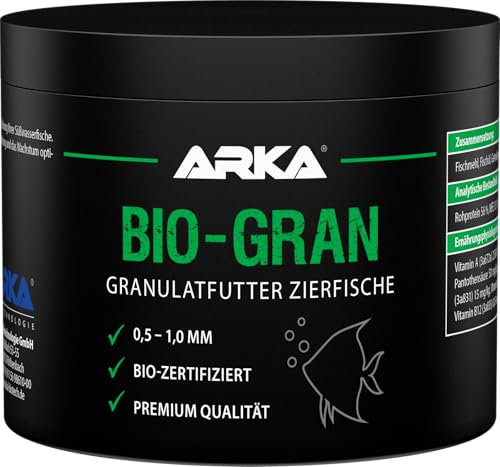ARKA Bio-Gran - 500 ml / 230 g - Biozertifiziertes Fischfutter für jedes Süßwasser-Aquarium, fördert Wachstum und Farbenpracht der Fische in jedem Süßwasser-Aquarium.
