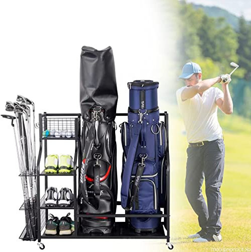 NVYAZJ Multifunctional Golf Rack, Golf Bag Club Rack Display Stand with 40.4 L x 15.7 W x 34.6 H Iron Material Black Store 2 Golf Bags Hold 12 Clubs and 12 Flags Spinner Wheel Design