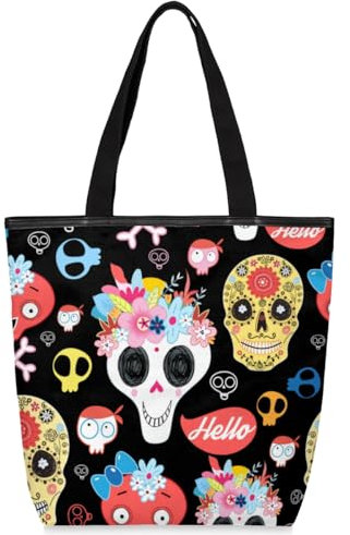 Tavisto Dream Libellen-Canvas-Tragetasche für Damen, ästhetische Schultertaschen, langlebig, Einkaufstasche mit Reißverschlüssen, Hello Colorful Skull, 19.5x17.9 inch