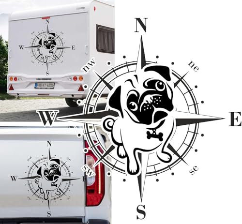 Rakelfix Kompass Mops Pug Aufkleber Hund Hunde Sticker Auto Camper Wohnmobil Caravan Autoaufkleber Wohnwagen Sticker Kompassrose
