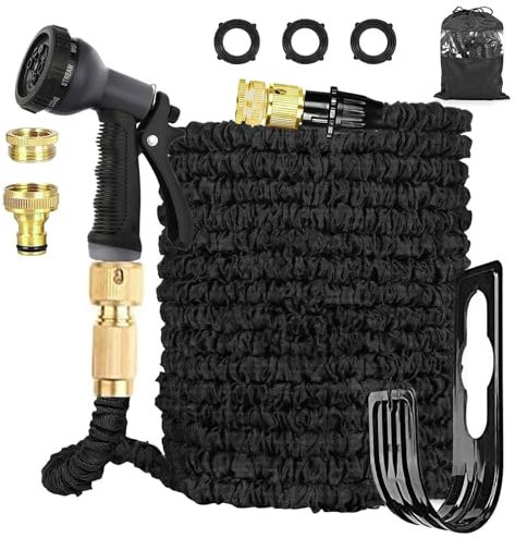 FASCINATDECO Flexibler Gartenschlauch 15m, Wasserschlauch Flexibel mit 8 Sprühmuster, 3/4 & 1/2 Adapter, Dehnbarer Garden Hose Schlauch für Garten, Auto, Waschen und Gießen (15M/50FT,Schwarz)