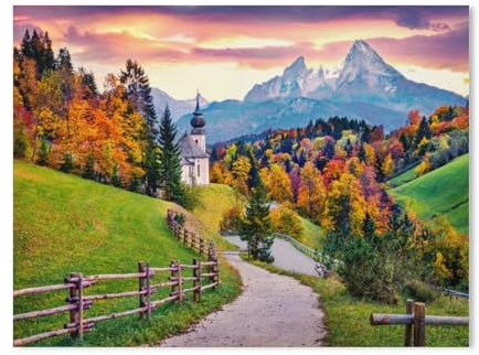 Puzzle 1000 Teile，Stimmungsvoller Pfad durch den Herbst-Wald zur Kirche Maria Gern vor dem Watzmann-Massiv im Abendrot, Bayern，Karton Adult Toys Dekompressionsspiel（50x70cm-8