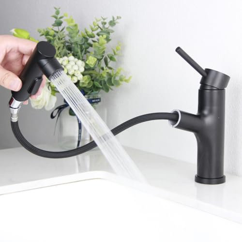 Wasserhahn Bad Schwarz, SEMANEY Hochdruck Waschtischarmatur mit Herausziehbarer Brause, Einhebelmischer Mischbatterie mit 3 Modus Brause Ausziehbar, G3/8