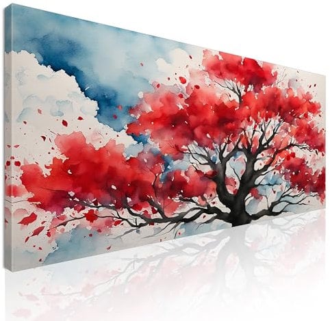 CheQuadro! Quadro orizzontale moderno, quadri per salotto, Albero Rosso con Sfondo Acquerello Astratto, su tela, intelaiato pronto da appendere bow4-90x40 cm