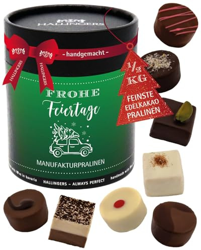 Hallingers Genuss Manufaktur Pralinen Weihnachts-Geschenk - ohne Alkohol, handmade aus Confiserie-Edelkakao in wertiger XXL-Geschenkdose Frohe Feiertage, Weihnachten für Frauen Männer