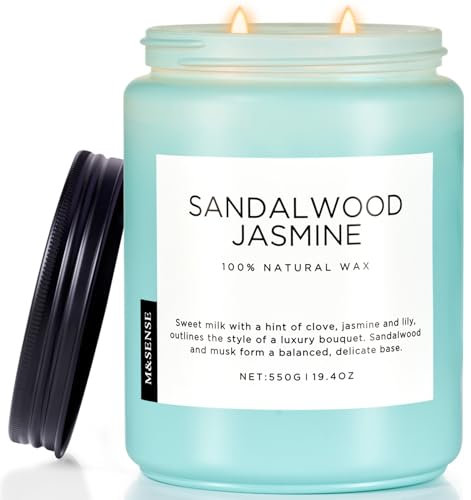 M&SENSE SandalwoodJasmin Duftkerze im Glas 550g 2 Baumwolldochte dekorative Kerze für Zuhause, Geschenk zur Entspannung 110 Stunden Brenndauer, saubere ungiftige Kerze natürliche Sojawachskerze