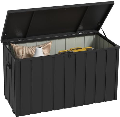 Outsunny 450 Litre Garden Storage Box, Outdoor Storage Box with Wheels and Handles, Lockable Galvanised Steel Outside Deck Box Organiser for Tools, Cushions, Dark Grey