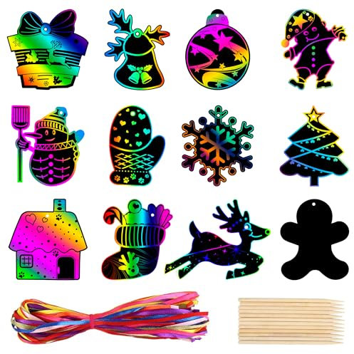 48 Stück Kratzbilder Weihnachten Kratzblock Weihnachten Basteln Kratzpapier für Kinder mit 24 Holzstäbchen und 48 Bunte Bänder für Weihnachtsbaum Deko Geschenk