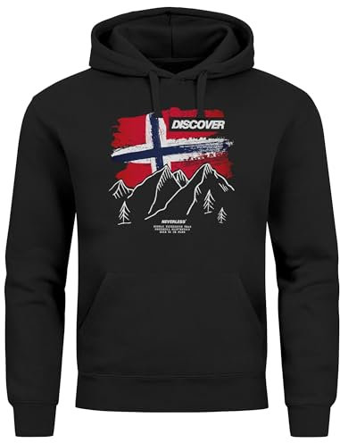 Neverless® Sudadera con capucha para hombre con estampado frontal de la bandera de Noruega Montañas Discover para exteriores, moda urbana, Discover Norway Negro, XL