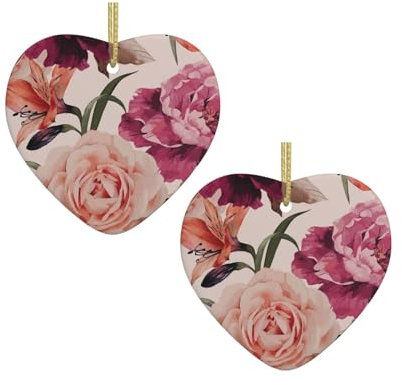 Flowerand Rose Weihnachtsdekoration, Ornament, Weihnachtsbaumschmuck, Herzform, Keramik, zum Aufhängen