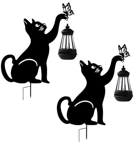Ysislybin Katzen Solarlampe, 2 Stück Solarleuchten Garten im Freien, Deko Garten Rost Katze Gartenstecker Solar Katze Gartendeko mit Laterne Schwarze Katze Figur Pfad Lampe Garten Rasen Dekoration