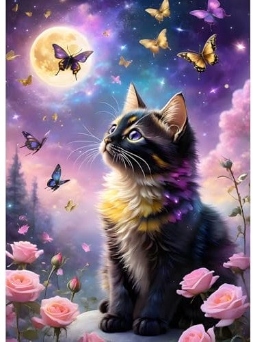 GDYEEH Kätzchen Diamond Painting Erwachsene, 5D Mond Katze Diamant Kunst Bilder Anfänger, DIY Schmetterling Runder Vollbohrer Diamanten Malerei Stickerei Kreuzstich Geschenke Home Wand Dekor 30x40cm