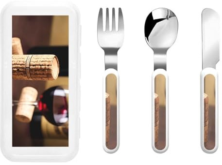 Wine cork print Travel Utensil Set with Case. Include Fork Spoon Knife,Ergonomic Right Handed Spoon