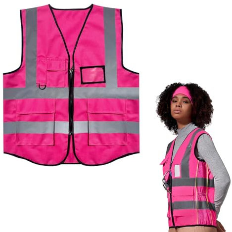 AONAYO Warnweste Pink,Warnweste Erwachsene,Security Weste,Rosa Sicherheitsweste Mit Taschen Und Reißverschluss,Reflektierende Jacke Für Den Außenbereich