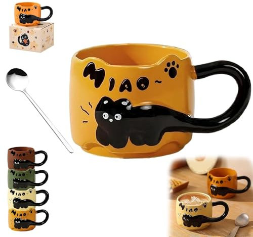 Tazza impilabile a forma di gatto, graziose tazze da caffè impilabili con cucchiaino, 380 ml di tazze a forma di gatto, 4 stili di tazze da caffè in ceramica per donne amanti dei gatti (Orange)