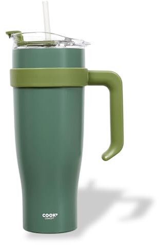 Mug Isotherme avec Paille et Poignée Ergonomique | Gourde XXL en Inox pour conserver vos boissons au chaud ou au frais | Idéal pour le Bureau ou le Sport | Coloris Vert Kaki