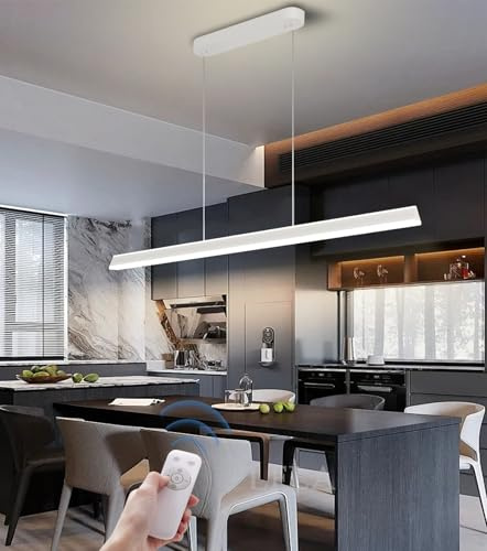 LFLA Hängelampe Moderner LED Esstischlampe lineare Design Pendelleuchte dimmbar Langer Streifen Kronleuchter mit Fernbedienung Esstisch Küche Esszimmer Höhenverstellbar Beleuchtung (Weiß, L120cm,60W)