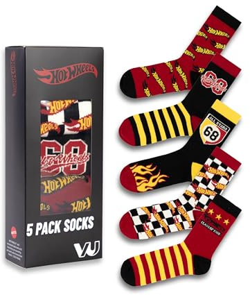 Hot Wheels Herren-Wadensocken in Rot, Schwarz, Gelb und Weiß, 5er-Set | Schachbrett- und Flammen-Designs | Multipack für den Alltag | Retro-Rennmuster Merchandise für Herren