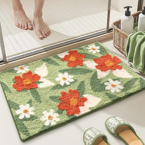 Loismood Florale Badematte, super saugfähig, rutschfest, maschinenwaschbar, gemütlicher Teppich für Dusche, Wohnzimmer und Balkon, 60 x 40 cm, Grüner Blumenstrauch