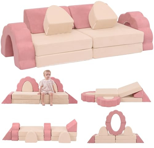 Annualring 10-Piece Mini Kids Play Couch, Modular Flower Foam Sofa, Convertible Soft Play Sofa with Washable Cover, Indoor Climbing Furniture for Playroom, Pink & Beige
