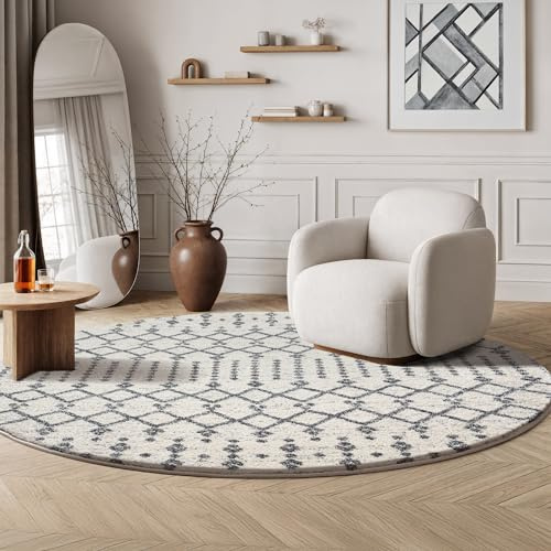 SANAT Boho Teppich – Moderner Teppich im Boho Stil, Geeignet für Wohnzimmer, Schlafzimmer, Flur, Esszimmer und Kinderzimmer – Ethno Creme, Größe: 150 cm Rund