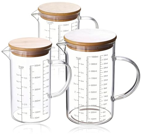 Set di 3 misurini in vetro, 350 ml+500 ml+1000 ml, misurino in vetro con scala precisa, coperchio in bambù e manico, resistente al calore, per cucina, laboratorio, cottura, miscelazione, colazione