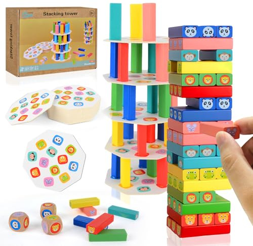 CHMMY Torre Oscillante Impilabile in Legno, Gioco Educativo 4 in 1 per Bambini 3+ Anni, 75 Pezzi Blocchi Costruzioni Equilibrio, Gioco da Tavolo di Abilità, Bambini e Famiglia