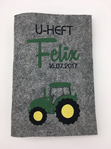 Bestickte U Heft Hülle U-Heft Hülle U Hefthülle aus Filz Kind U Untersuchungen Zusatzfach für Impfpass Peronalisierbar Wunschname/Geb.Datum Traktor Grün/Gelb