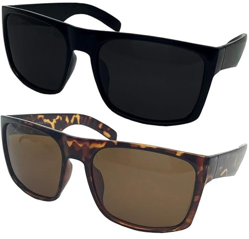 grinderPUNCH 2 Pack XL Polarized Big Wide Frame Large Head Fit Sunglasses for Sports Driving Fishing Glasses (1 Black Frame/Black Polarized Lens, 1 Tortoise Frame)
