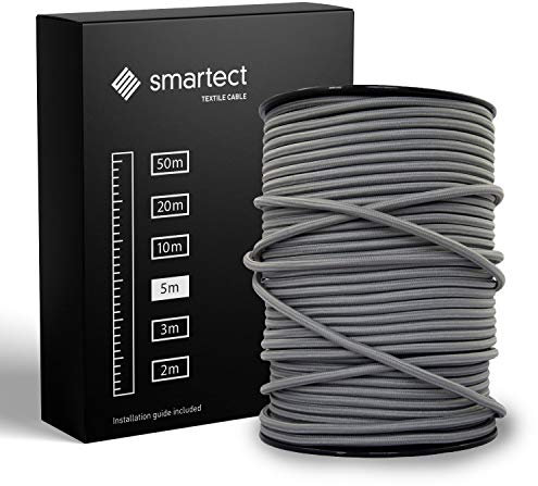 smartect Cable Electrique Textile Gris Foncé, Fil Electrique Tissu de 5 Mètres, 3 Conducteurs (3 x 0,75mm²) Cable Tissu Lampe pour Les Projets de Bricolage