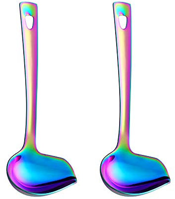 Soßenlöffel Länge 22 cm Edelstahl Saucenlöffel, regenbogen Farbe Schöpflöffel Ladle Spoon 2 Stück Gießlöffel, Breite 8.4 cm Groß Suppenlöffel Servierlöffel mit Hängendes Loch