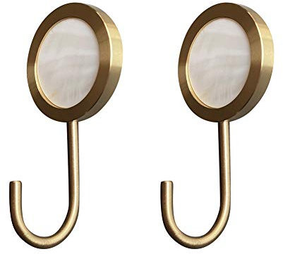 PLEASANT BREEZE Solid Brass Decorative Wall Hook, Self-Adhesive Hole Free Wall Mount, Shining Gold Fancy Hook (Seashell White–Pack of 2)
