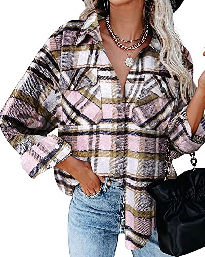 HVEPUO Damen Hemd Kariert Jacke Hemdjacke Knöpfen Langarm Bluse College Y2K Oberteile Karo Shacket Mantel Flanellhemd Frauen Holzfällerjacke Mit Brusttaschen Rosa L