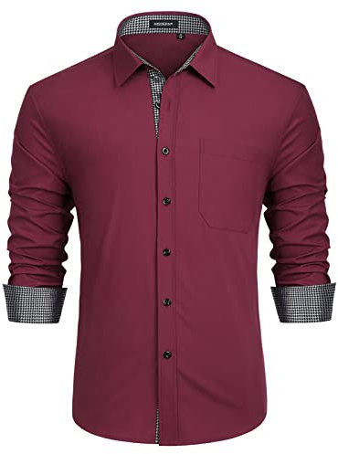 HISDERN Men's Red Dress Shirts Long Sleeve Formal Casual Business Shirts for Men Regular Fit Wedding Work with Pockets