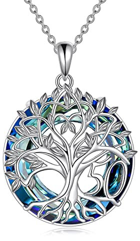 YFN 50th Geburtstag Geschenke für Frauen Sterling Silber Anhänger Baum des Lebens Blau Kristall Halskette Schmuck für Mama Oma