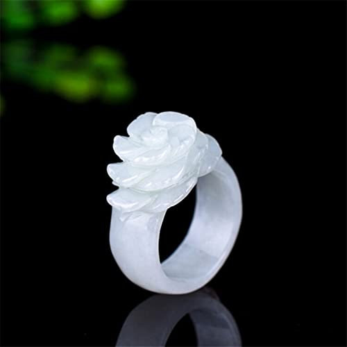 Ringe Jade Steine ​​für Frauen Schmuck Smaragd Rose Blume Hand Geschnitzt for Frauen Luxus Schmuck (Gem Color : White, Ring Size : 10)