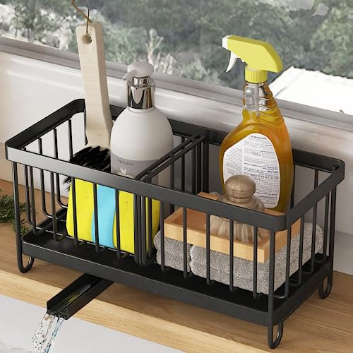 COVAODQ Organiseur d'évier de Cuisine, Porte-éponge, Plan de Travail avec Plateau de vidange Amovible avec Drainage de déviation (Noir)