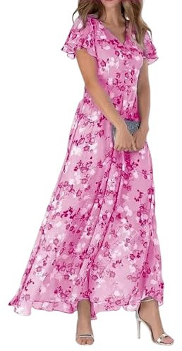shownicer Femme Robe Chic Longue Col V à Fleur Imprimé Manches Courtes en Chiffon Robe de Plage D'été Casual Plissée Maxi Robes De Soie A Rose XL